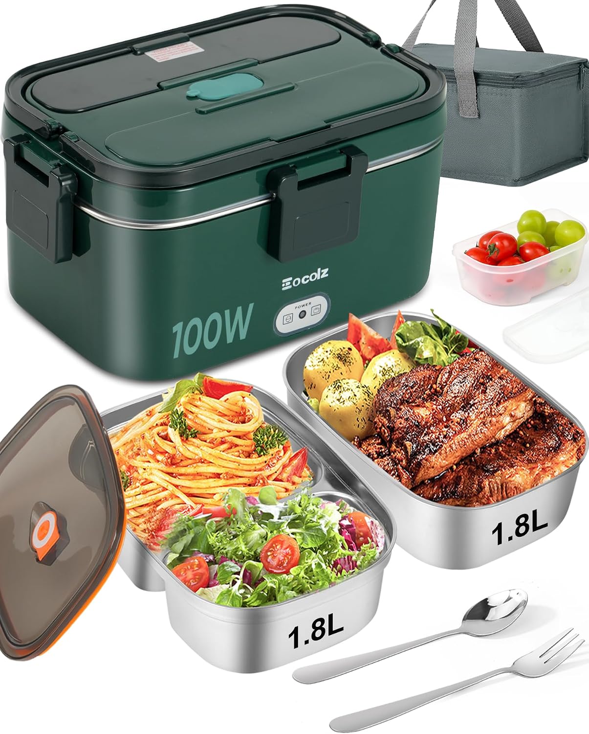 Eocolz Electric Lunch Box Food Heater 100W, Food Warmer with Dual Container 1.8L Portable Heated Lunch Box for Car Truck Work Stainless Steel Fork & Spoon 1224110V Adult Lonchera Eléctrica Green