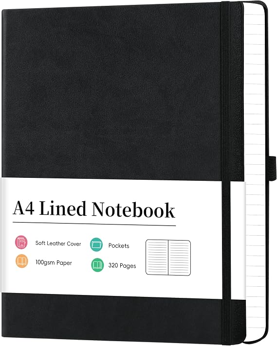 Artfan Notebook A4 - A4 Lined Notebook, Black | 320 Pages Premium Paper, Faux Leather Classic Writing A4 Notebook Journal, 21.5 x 27.9cm, Hardcover