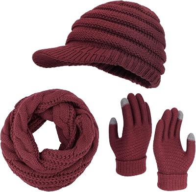 3 Pack Winter Knitted Brim Beanie Hats Gloves Scarf Set Warm Hat Scarf and Touchscreen Gloves for Men Women