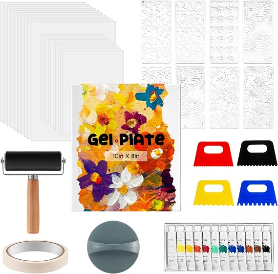 Faccito 12'' x 14'' Gel Printing Plate Kit, Complete Printmaking Set Gelatin Plate, Brayer, Printmaking Paper, Acrylic Paint, Scraper Tool for Mixed Media Art, Monoprinting, Card Making
