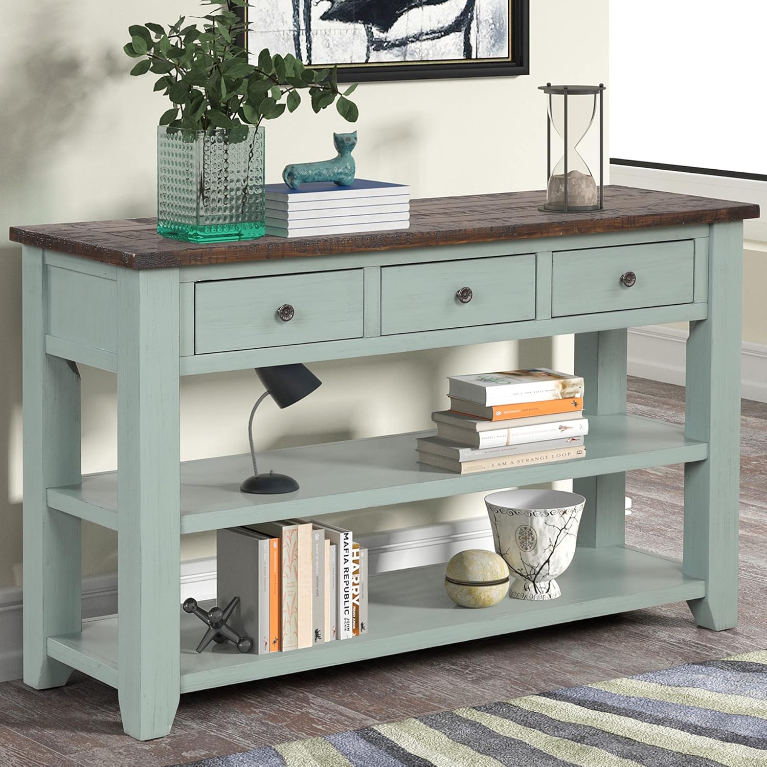 Farmhouse Wood Entryway Console Table 48-Inch Modern Sofa Entry Table with Drawers and Storage Shelves for Entrance Living Room Green