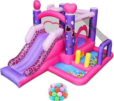 RETRO JUMP Inflatable Bounce House, 6-in-1 Jump & Slide Bouncy House for Kids Outdoor WLarge Ball Pit, Princess Bounce House with Blower for Girls Party - Carry Bag, Repair Kit, Stakes Included