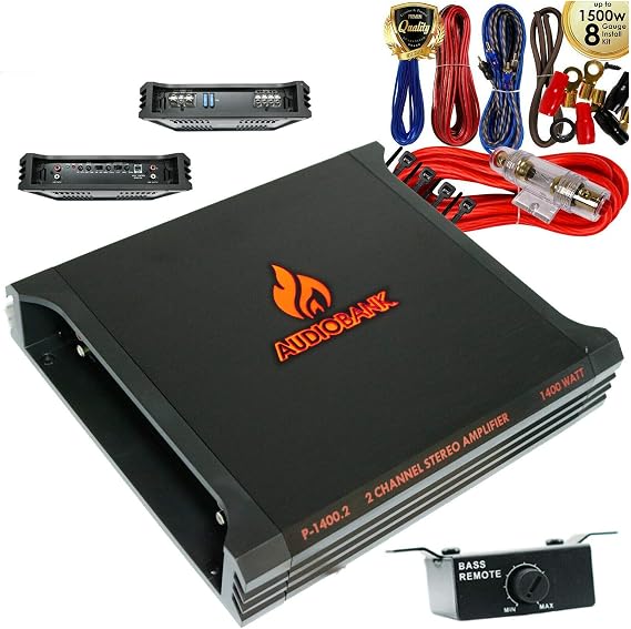 Audiobank P-1400.2 A/B Class 2 Channel 1400 Watt Car Audio Stereo Bass Amplifier with Bass Remote Control + 1500 Watts 8 Gauge Amplifier Installation Kit KIT -2nd Gen