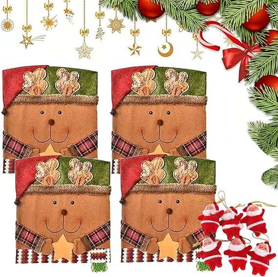 Cute Christmas Chair Covers, Colorfast Christmas Themed Chair Covers Set of 6, Santa Claus Snowman Reindeer Xmas Dinner Chair Back Cover for Kitchen Dinning Room Holiday Party Decor (4PCS-A)