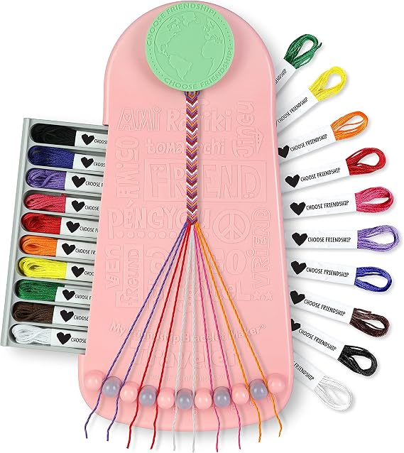 Bracelet Making Kit 20 Pre-Cut Threads, Portable Loom with Storage, Makes 8 Bracelets, Craft Gift for Kids Ages 8+, Blush Pink Macaroon