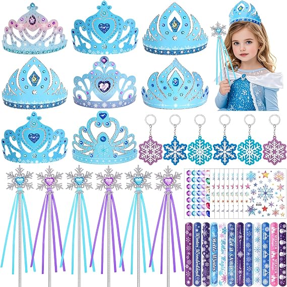 Snowflakes Party Bag Children's Birthday Party Favours Elsa Frozen Crown Wand Bracelets Snowflakes Sticker Tattoo Children Princess Give Aways Gift Pinata Birthday Girls