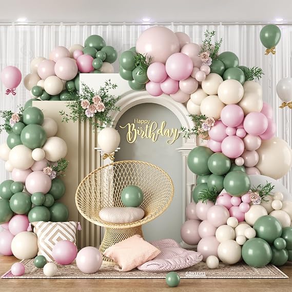 122PCS Dusty Pink and Green Balloon Arch for Spring Wedding Decorations