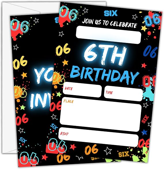 Birthday Invitations for Boys- Glow Neon 6th Bday Invites with Envelopes (25-Count) - Digital Number Party Invite Cards for Party Supplies Favors Decorations-H01
