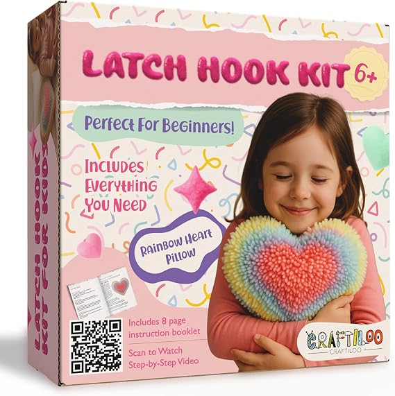 Latch Hook Kit for Kids - Rainbow Heart Rug Pillow Craft, Ages 6+