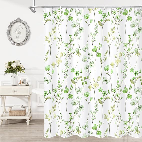 Litabel Watercolor Floral Shower Curtain, Green Butterfly Flower Shower Curtain for Bathroom, Modern Minimalist White Waterproof Fabric Shower Curtain Set, 72x72 Inch