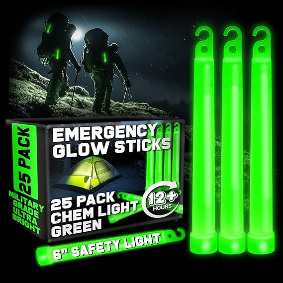 Ultra Bright Green Glow Sticks Emergency Chem Lights (6", 25 Pack) Military Grade 12 Hour Bulk Tactical Light Sticks for Survival Gear, Camping, Power Outages