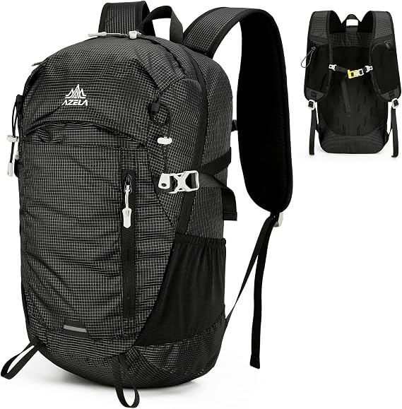 25L Small Nylon Waterproof Hiking Backpack with Phone Pouch for Men, Lightweight Hiking Daypack with Breathable EVA Back Support,Black