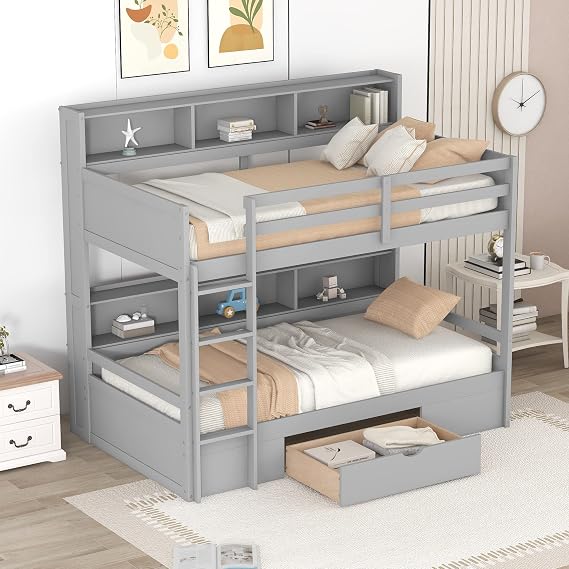 Twin Over Twin Bunk Bed with Built-in Shelves Beside Both Upper and Down Bed and Storage Drawer, Twin Size Wooden Bunk Bed with Guardrails and Ladder