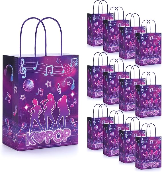 FunooFuno 24 Pcs Purple Kpop Party Favors Gift Bags with Handles Kpop Goodie Candy Party Favor Bags Bulk Kraft Paper K Pop Music Birthday Concert Disco Graduation Supplies Decorations