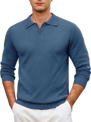 Cotrasen Mens Knit Polo Sweater Long Sleeve Polo Casual Lightweight Collar Sweaters Soft Ribbed Button Pullover