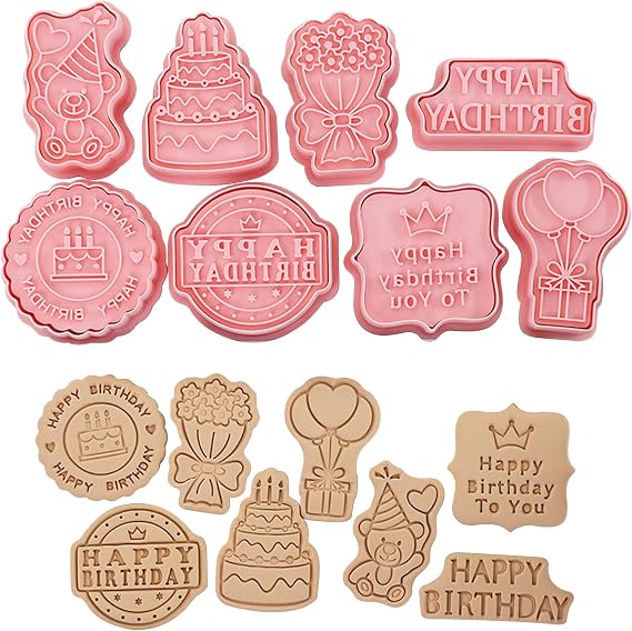 8Pcs Happy Birthday Cookie Cutters Set,3D Plastic Cookie Stamps for Baking,Cute Embossing Mold Press Cookie Mould Kitchen Tools for Birthday Party Biscuit Fondant Snacks Making (Birthday)