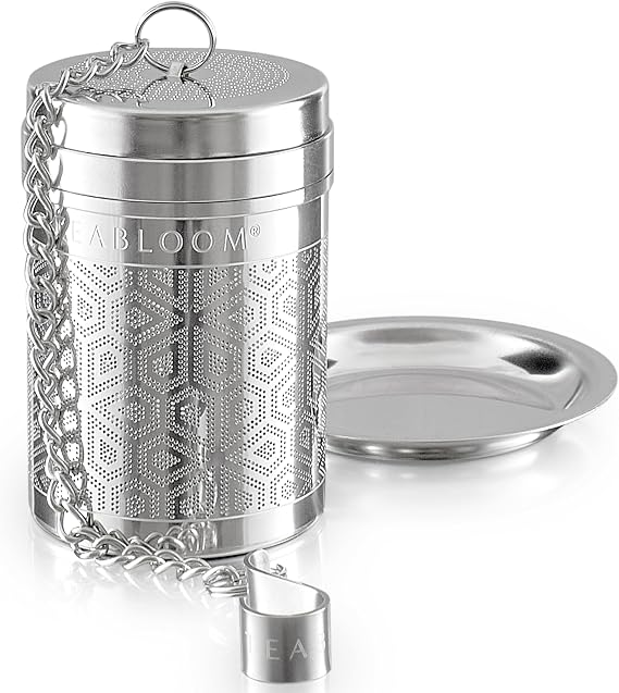 Teabloom Elegant Stainless Steel Loose Leaf Tea Infuser Tea Connoisseur's Choice for White, Green, Oolong, Black, and Herbal Teas Geometric Blossom Design Small Size