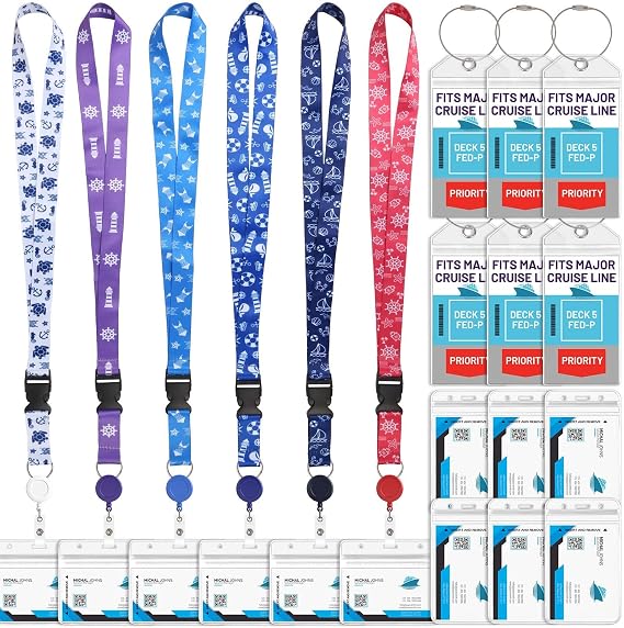 6 Pack Lanyards with Ship Card Holders, Retractable Badge Reels with Waterproof Luggage Tags ID Holders for Cruise Essentials Accessories Key Cards