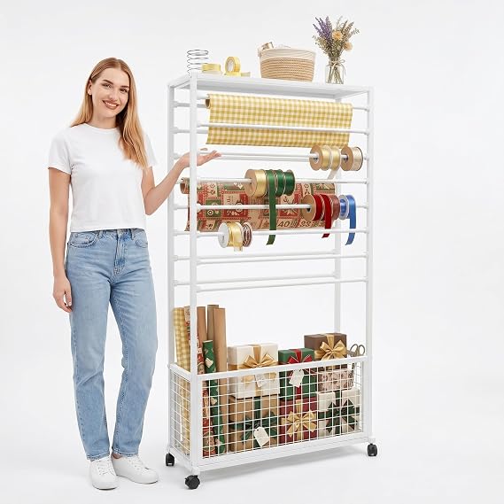 TFCFL 16 -Tier Ribbon Holder Organizer Rack, Double-Sided Ribbon Storage Holder on Wheel, Multifunctional Flower Wrapping Paper Storage Stand for Boutique, White, 31.5''W 12.6''D 59.06''H