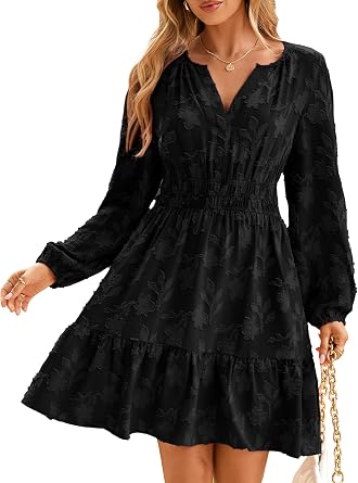 BerryGo Womens Long Sleeve Mini Dress Casual A Line Flowy Loose Vacation Party Babydoll Fall Short Dresses with Pocket