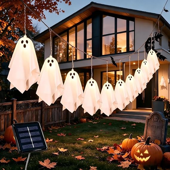 Solar Powered Halloween Decorations Outdoor, Hanging Ghost, Auto On/Off & 8 Lighting Modes, Waterproof Solar Halloween Lights, Spooky Decoration Outdoor for Yard Porch Garden Tree Party Outside Decor