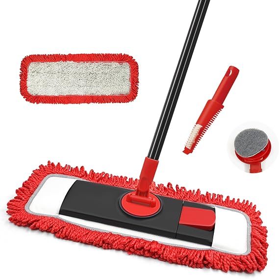 JEHONN Floor Mop Dry Wet Flat Dust Mops with Chenille Pad for Hard Wood Laminate Tile Vinyl Kitchen Bathroom Home (Red)
