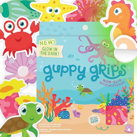 Glo Pals Glow-in-The-Dark Grips Bathtub Stickers for Kids | 8 Extra Large Textured Stickers Add Nonslip Traction For Tub Safety, Playful Ocean Designs, Glows After A Flashlight Recharge