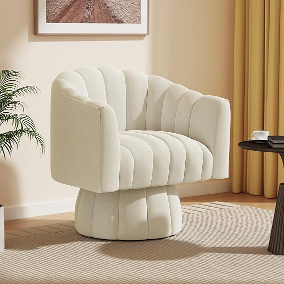 VANTEN Mid Century 360 Degree Swivel Cuddle Barrel Accent Sofa Chairs, Round Armchairs with Wide Upholstered, Fluffy Velvet Fabric Chair for Living Room, Bedroom, Office, Waiting Rooms, (Beige)