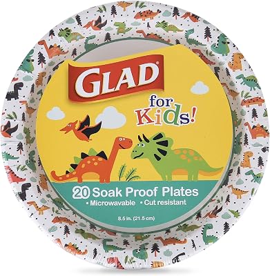 Glad for Kids Dinosaur Disposable Paper Plates, Heavy Duty Soak Proof Microwave Safe Kids Plates for Snacks, Meals, and Parties, Fun Dino Design, Party Pack, 8.5 Inch, 20 Count