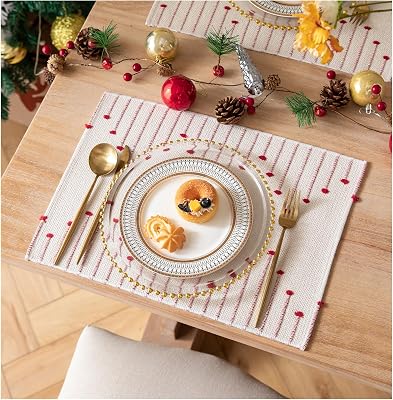 Valentines Placemats Set of 4 for Dining Valentines Day Decorations, Woven Cloth Red Place Mats for Farmhouse Kitchen Tabletop, Handcrafted Machine Washable Cotton Table mats 13 x 19 Inch