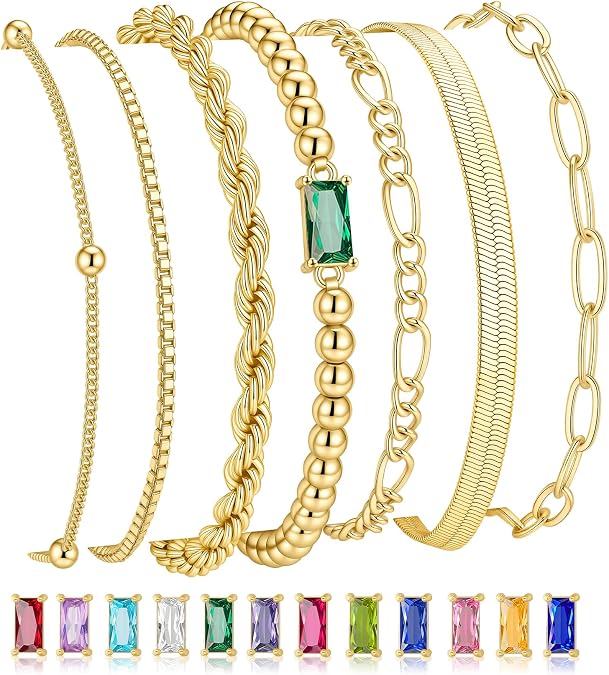 M MOOHAM Birthstone Bracelet Stack for Women, 14k Gold Plated Bracelets