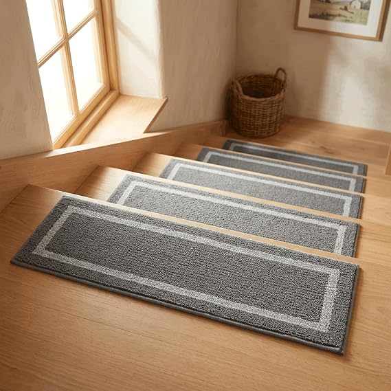 COSY HOMEER Carpet Stair Treads 15pcs Set, Non-Slip Indoor Carpet Treads for Stairs for Kids Elders and Dogs, 100% Polyester Quick Peel Self-adhesive Stair Runner Rug Pads, 22 x 70cm, Grey