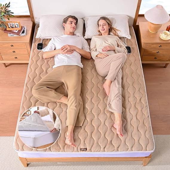 Bearhug Heated Mattress Pad Queen Size 60"x80" with Zippered Detachable Cover, Dual Control Electric Bed Warmer Machine Washable with 10 Heat Settings & 12H Auto Off Winter Essentials