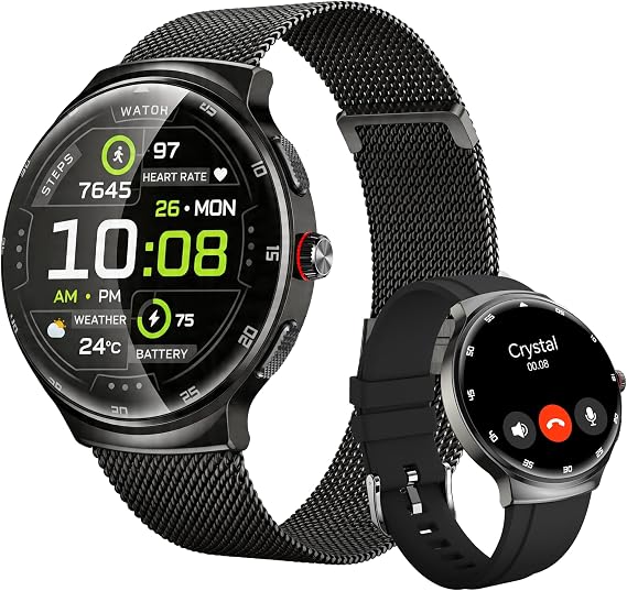 Smart Watches for Men Women, Waterproof Fitness Tracker, 1.43'' AMOLED Touchscreen Smartwatch for Android & iPhone, 150+ Sports Modes, Heart Rate/SpO2/Stress/Sleep Monitor, 2 Bands, Black