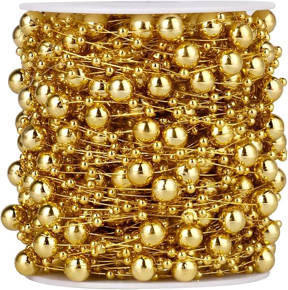 98FT 8mm 3mm Gold Faux Pearl Beads String Garland Roll Bulk for DIY Craft