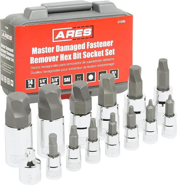 ARES 31006 14-Pc SAE Damaged Fastener Remover Hex Bit Socket Set | Removes Heavily Rounded & Stripped Fasteners; Storage Case Included