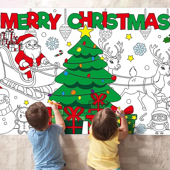 Gistome Christmas Coloring Poster Tablecloth 51 x 30 Inch Giant DIY Paper Banner with Santa, Xmas Tree, and Gift Designs Holiday Color-in Activity for Christmas Party, Classroom, or Home Use