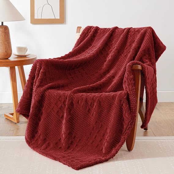EXQ Home Fleece Throw Blanket for Couch or Bed - 3D Waffle Patchwork Pattern Jacquard Decorative Blankets - Cozy Soft Lightweight Fuzzy Flannel Blanket Suitable for All Seasons(50"60",Red)