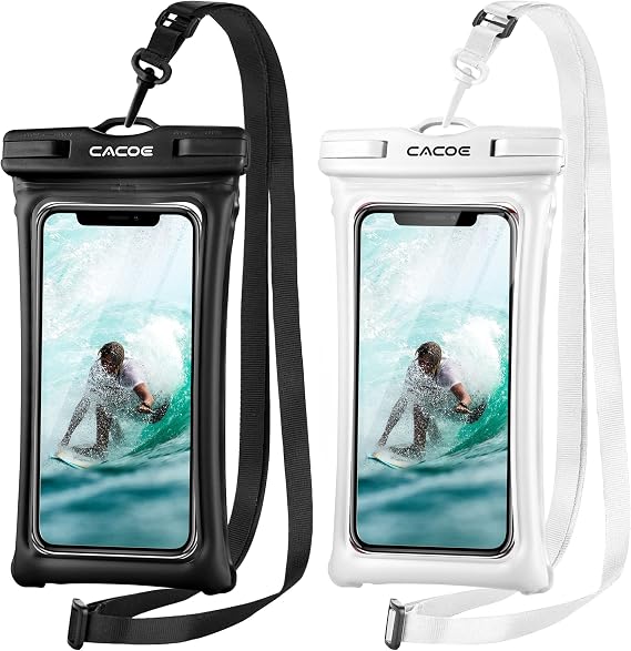 CACOE Floatable Waterproof Phone Pouch 2 Pack Up to 7.0",Black+White | Floatable, IPX8 Waterproof Phone Case,Adjustable Lanyard,Dry Bags for Beach/Cruise/Travel/Camping/Kayak/Vacation Essentials
