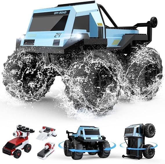 DEERC Amphibious Remote Control Car Monster Truck Toys Waterproof RC Stunt Cars for Boys 8-12 Toys W/Blocks & 360Spin, 4WD All-Terrain Off-Road Pickup RC Truck 2.4Ghz 60+ Min Playtime Pool Toy Gift