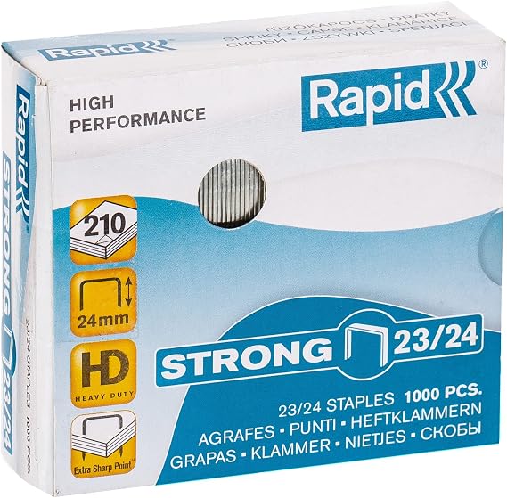 Rapid 23/24mm Strong Staples, for Stapling 150-210 Sheets, Use with Heavy Duty Staplers, Galvanised Wire, Box of 1000, 24870500