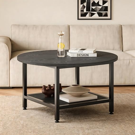 Round Coffee Table for Living Room 2-Tier Circle Coffee Table Black