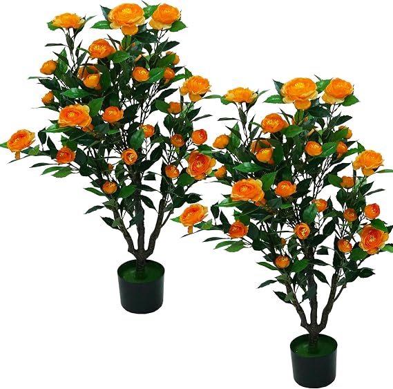 2 Pack 43" Artificial Camellia Tree 37 Orange Flowers Faux Plant