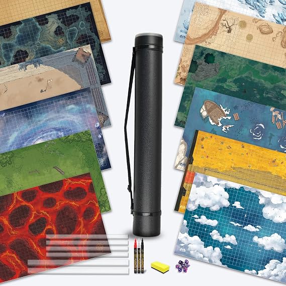 oTTRPGo 6-Pack DND Battle Mats, 24x36 Dry Erase RPG Map Set with Tube | Ultimate DM Gift: 12 hand-drawn terrains with lay-flat clips for smooth TTRPG gaming. Premium dry-erase battle mats