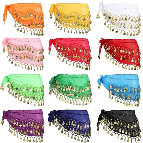 12 Pcs Belly Dance Hip Scarves, Chiffon Dance Skirts with 128 Gold Coins, Multi-Color Dangling Wrap Belts, Performance Costume Accessories, Ideal for Dance Practice and Yoga