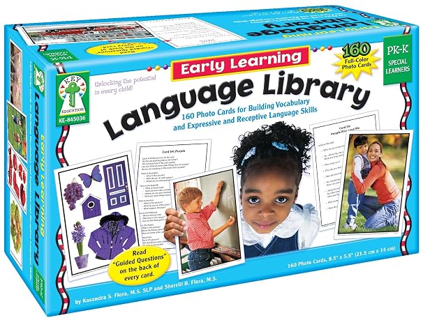 Key Education Early Learning Language Library Photo Flash Cards, Emotions, Colors, Food, Animals, and Actions Vocabulary, 160 Language Builder Picture Cards for Preschool-Kindergarten Special Learners