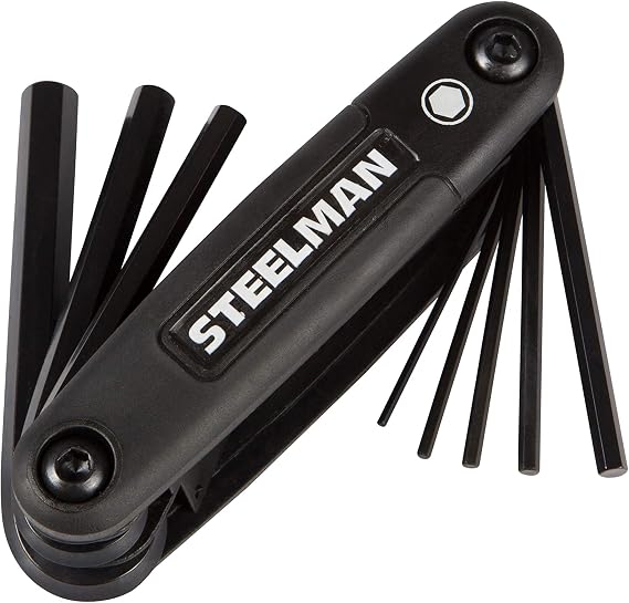 Steelman Portable Folding Hex Key Wrench Metric Multi-Tool, Set Includes 1.5, 2, 2.5, 3, 4, 5, 6, and 8mm Sizes, Chamfered Ends, Steel, Corrosion-Resistant Black Oxide Coating