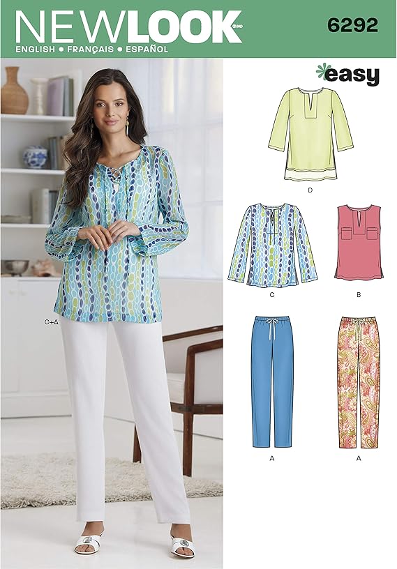 New Look Sewing Pattern 6292: Misses' Tunic or Top and Pull-on Pants, Paper, White, Size: A (10-12-14-16-18-20-22)