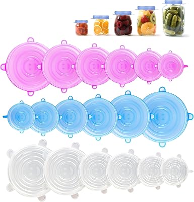 Silicone Stretch Lids, 6 Pack Silicone Lids, 6 Sizes Silicone Bowl Covers Reusable for Cups, Bowls and Dish, Flexible, Round and Rectangle Fit
