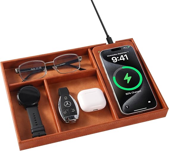 Valet Tray, Built in Wireless Charging Pad, Nightstand Organizer